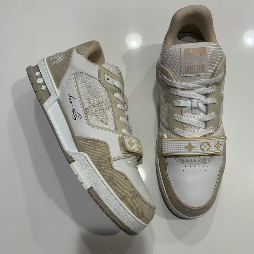 Louis Vuitton lv trainer tan monogram sneakers sz 11 LV us 12 strap - Picture 3 of 11